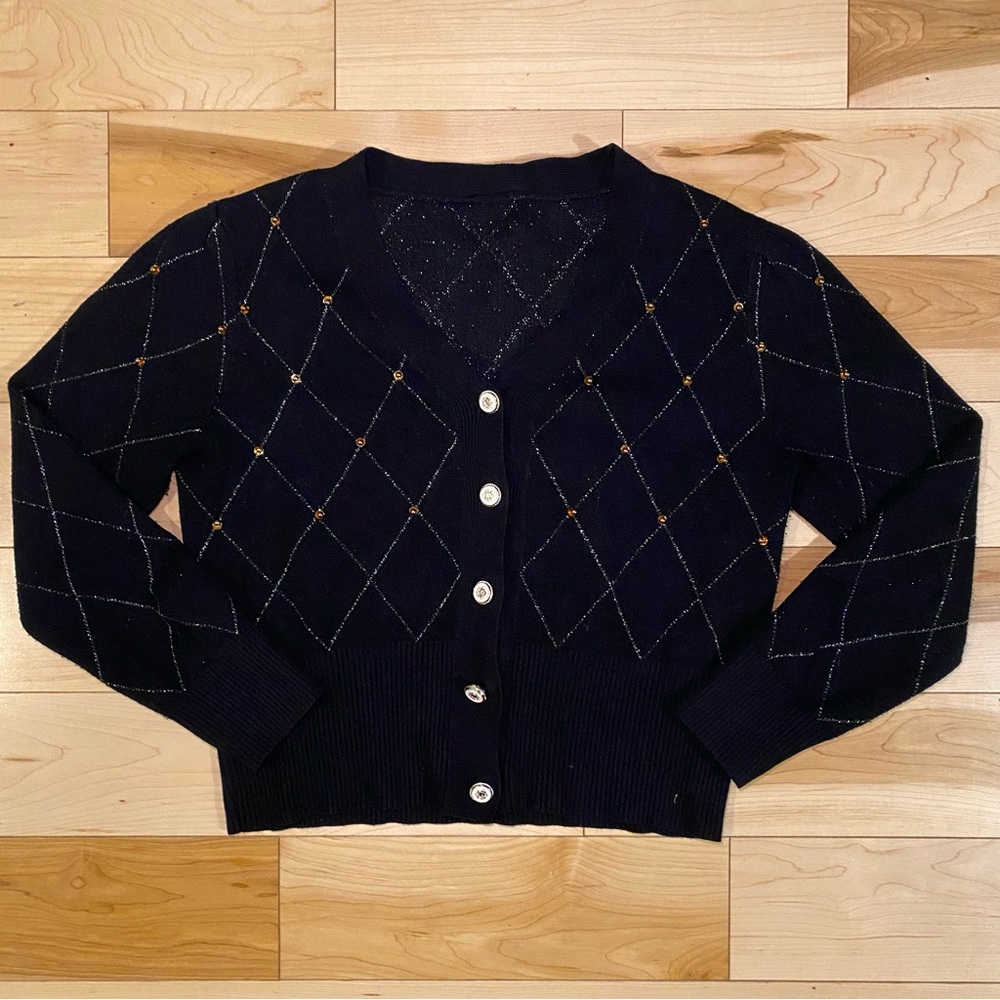 Black Cardigan Argyle Knit Button Old Money